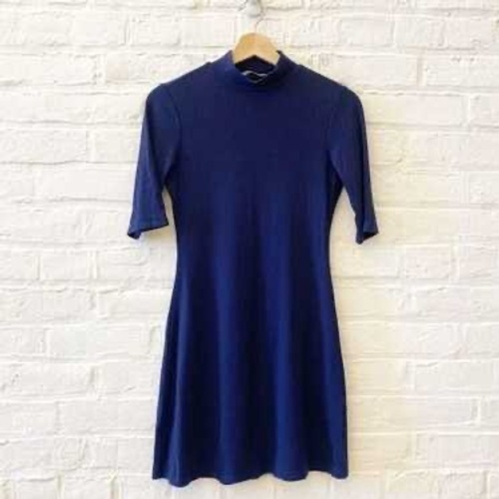 Reformation Jeans Navy Ribbed Mock Neck Mini Dress XS‎ Short Sleeve Stretch